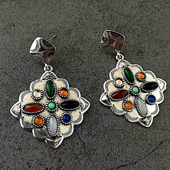 Vintage Multicolor Handmade Earrings, Silver Gemstone - Picture 2 of 7